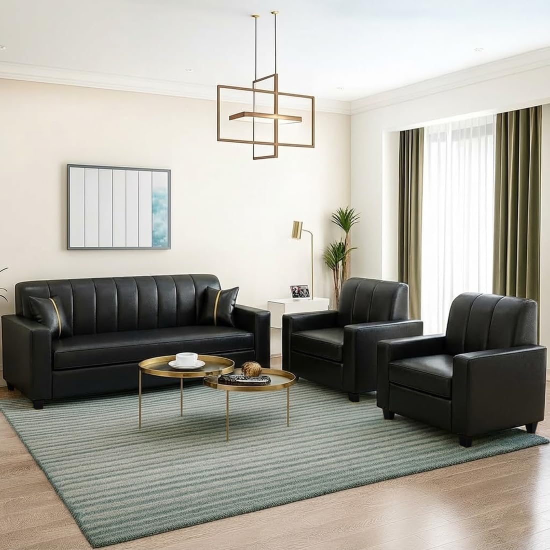FURNY Cosmos 5 Seater Leatherette 3+1+1 Sofa Set (Black) Premium Leatherette | Durable with Comfort | Ideal for Living Rooms, Offices, Hospitals