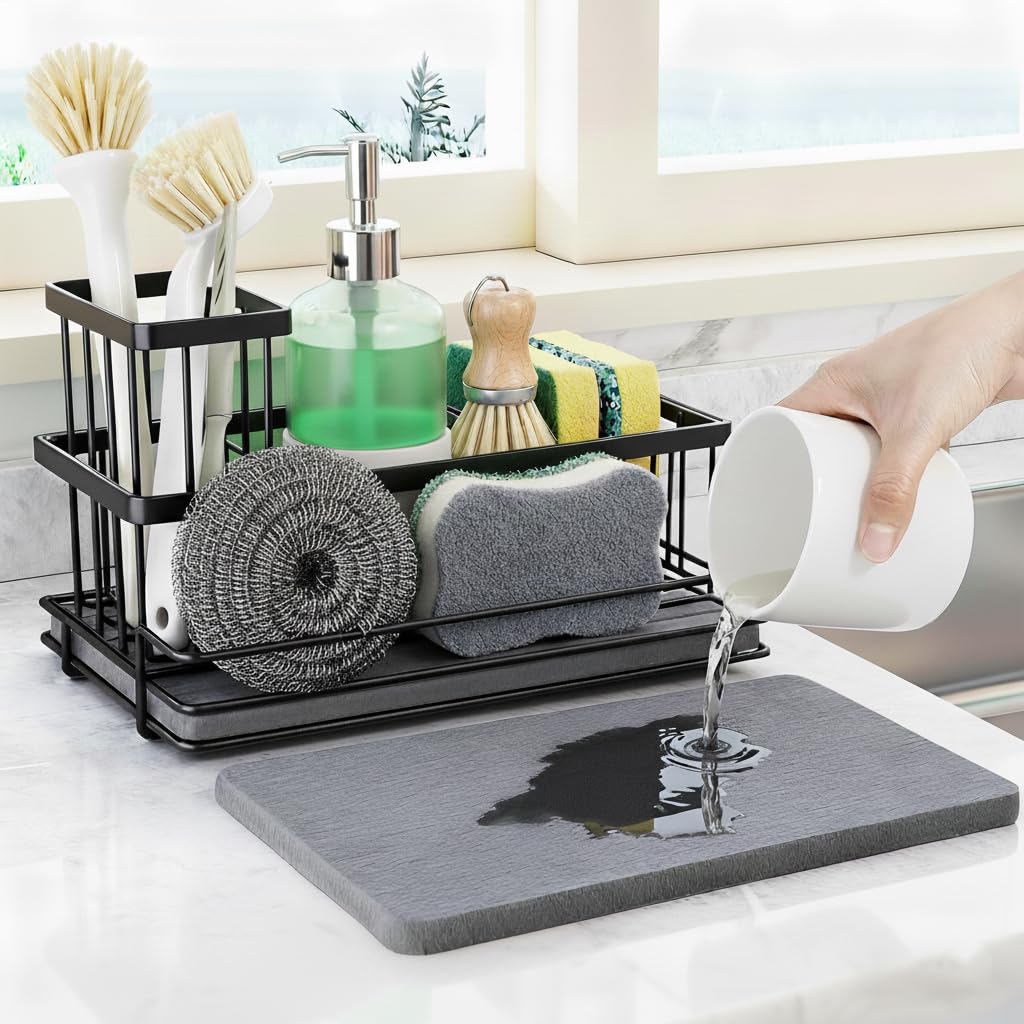Kitchen Sink Caddy Organizer with Fast Drying Stone Tray Rustproof Stainless Steel Sponge Holder for Kitchen Countertop Diatomaceous