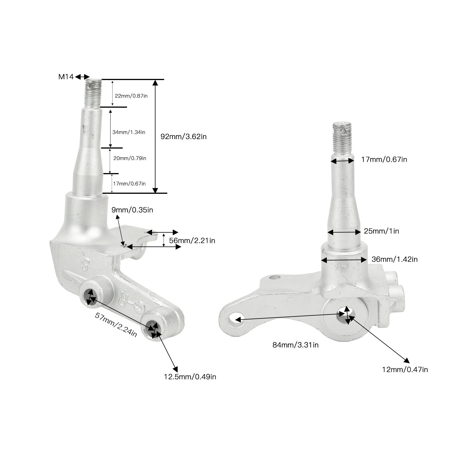 Cocoarm 14mm Zwrotnica Wrzeciono Stalowa Piasta Koła ze Stopu Zwrotnica Srebrna Zamiennik dla Gokartów o Pojemności od 50 Cm3 do 250 Cm3 Quad Atv Naprawa Przedniego Układu Kierowniczego