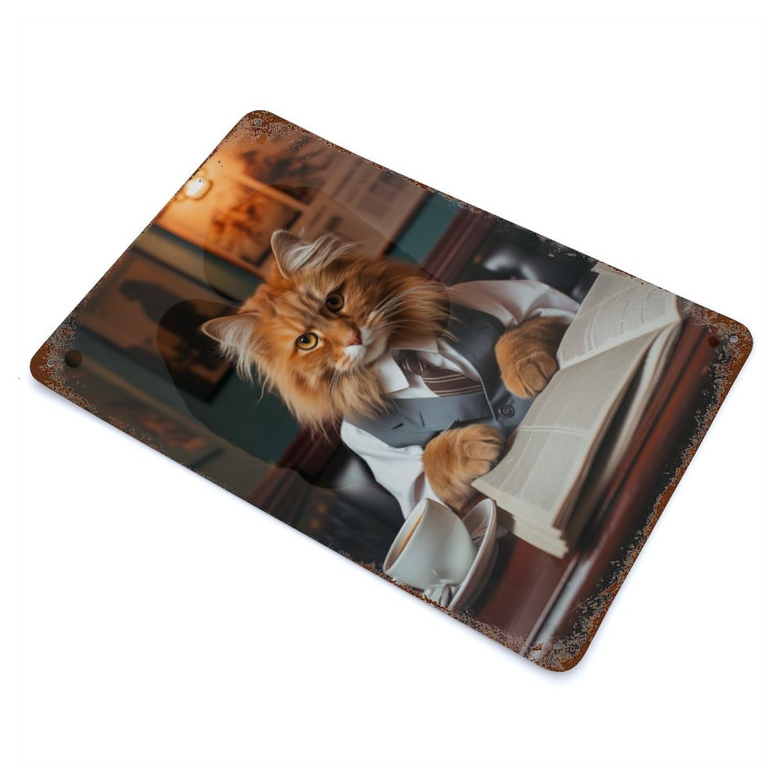 Cat Drinking Coffee Vintage Wall Sign 11.8"x7.9", Rust Effect Metal Decor for Cafe, Home Bar And Lounge Decor