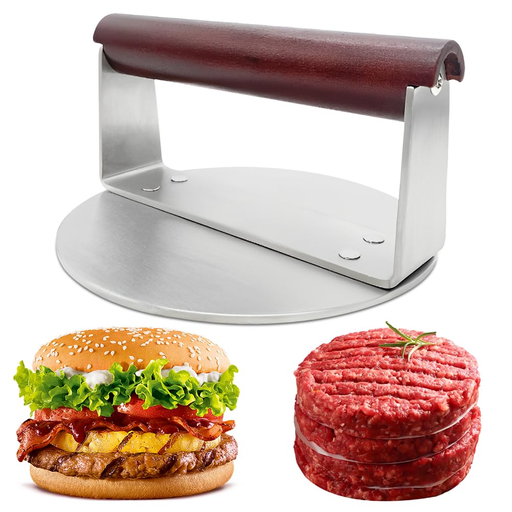 Prensa para hamburguesas, acero inoxidable con mango de madera, prensa redonda para hamburguesas, fácil de limpiar, para parrilla de tapa plana, carne, hamburguesa, carne, tocino, salchichas