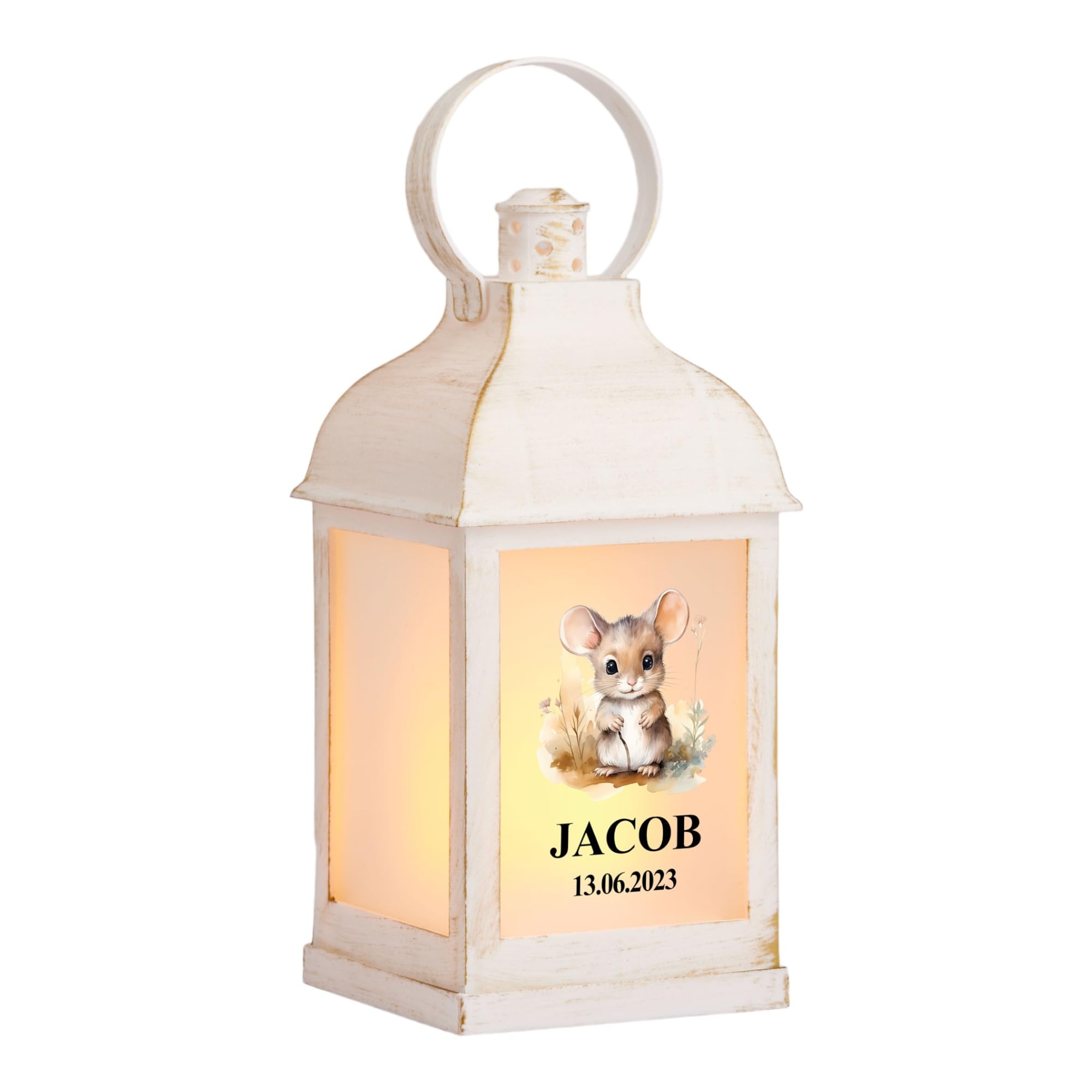 ukgiftstoreonline Personalised Baby Lamp Lantern Night Light with Woodland Mouse