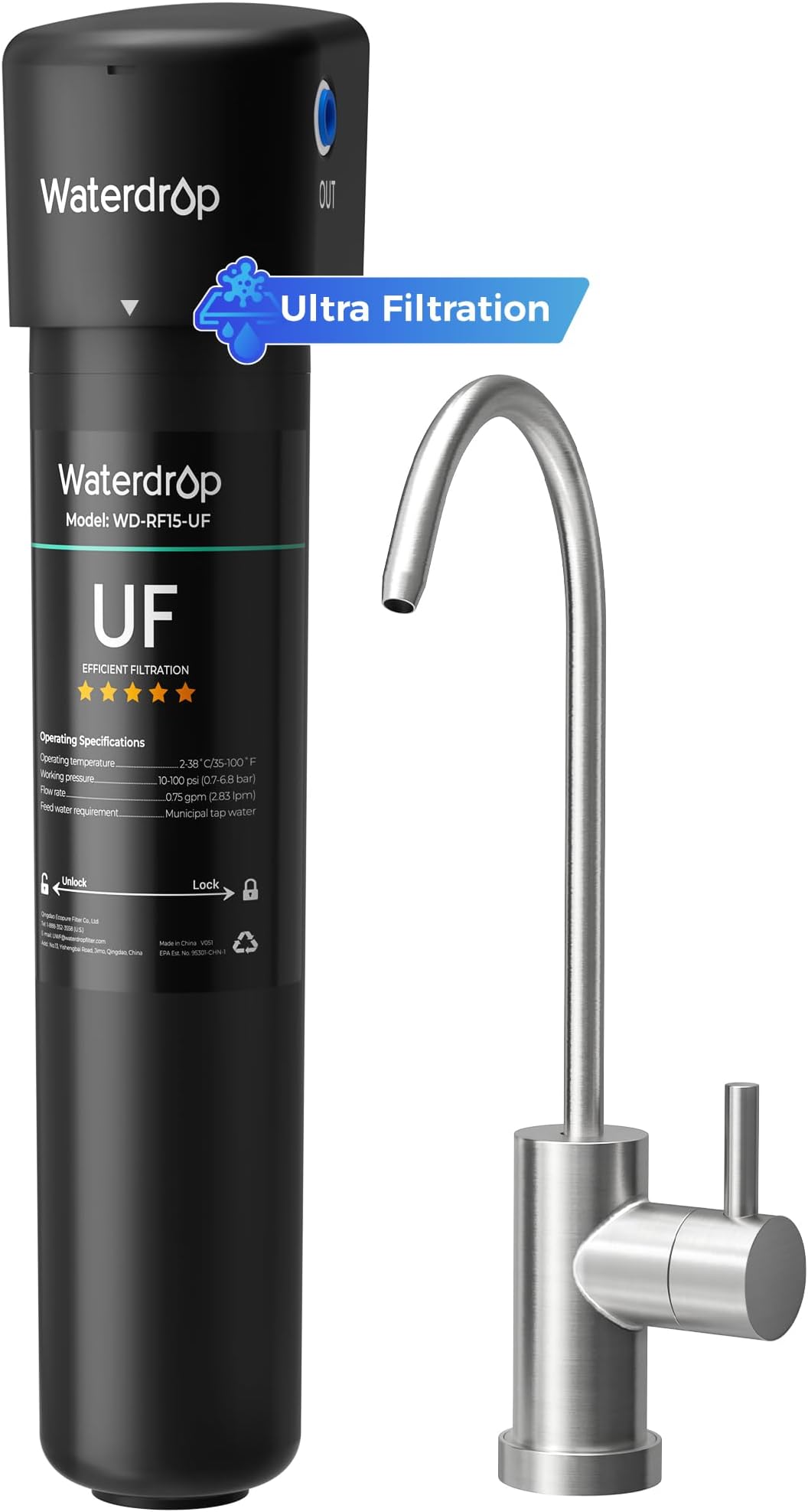 Waterdrop 15Ub-Uf Under Sink Water Filter System, 0.01 Micron Ultra Filtration Under Counter Drinking Water Filtration System, With Dedicated Brushed Nickel Faucet, 16K High Capacity, Usa Tech, Black