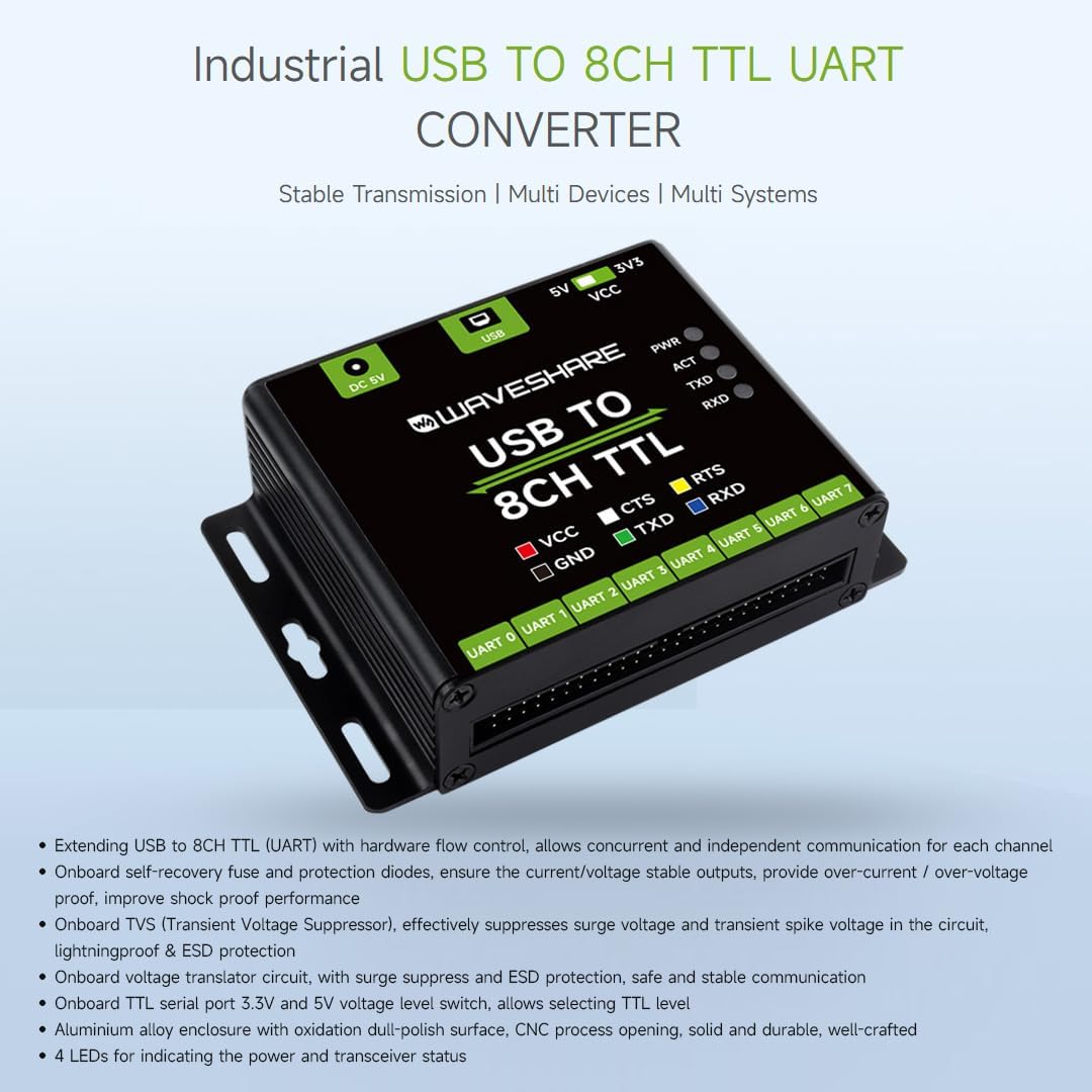 Waveshare Industrial USB to 8CH TTL Converter, USB to UART, Multi Protection Circuits, Multi Systems Support, USB to TTL Adapter