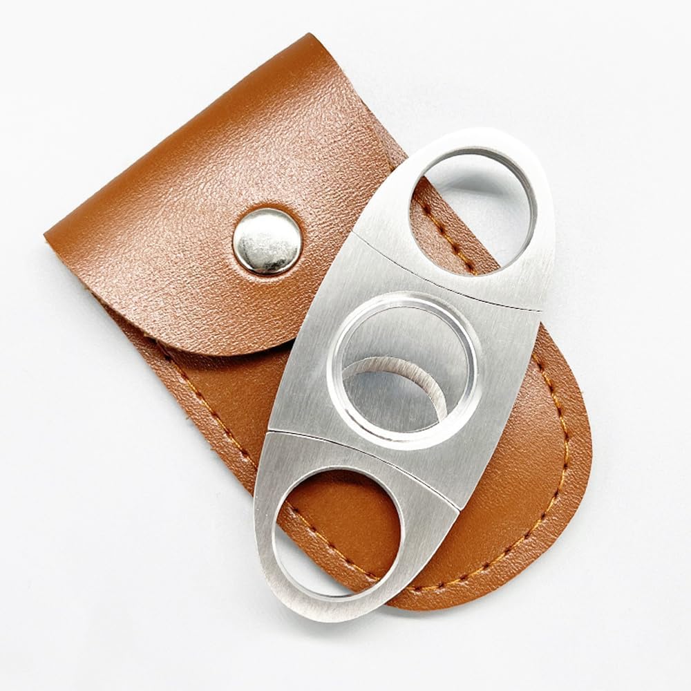 1PCS Cigar Cutter – Double Blade Stainless Steel Cigar Cutter – Sharp Clean Cut for Large & Small Cigars – Portable with Leather Pouch – Silver