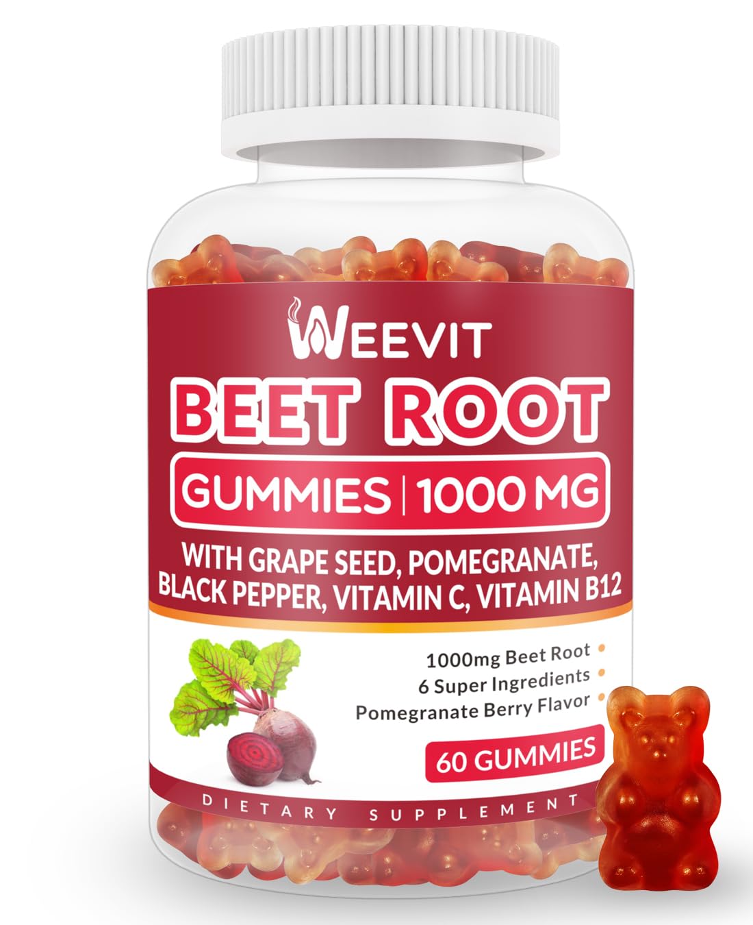 Sugar Free Beet Gummies with Grape Seed, Pomegranate, Black Pepper, Vitamin C, B12 | Nitric Oxide Booster for Men Women, Organic Beet Root Gummies