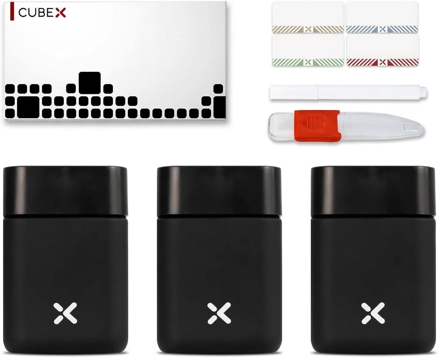 CubeX Miron UV Glass Jars, 3-Pack Airtight Storage for Herbs, Tea, Coffee, Spices & Cosmetics, Stackable with Labels, Marker and Adjustable Spoon