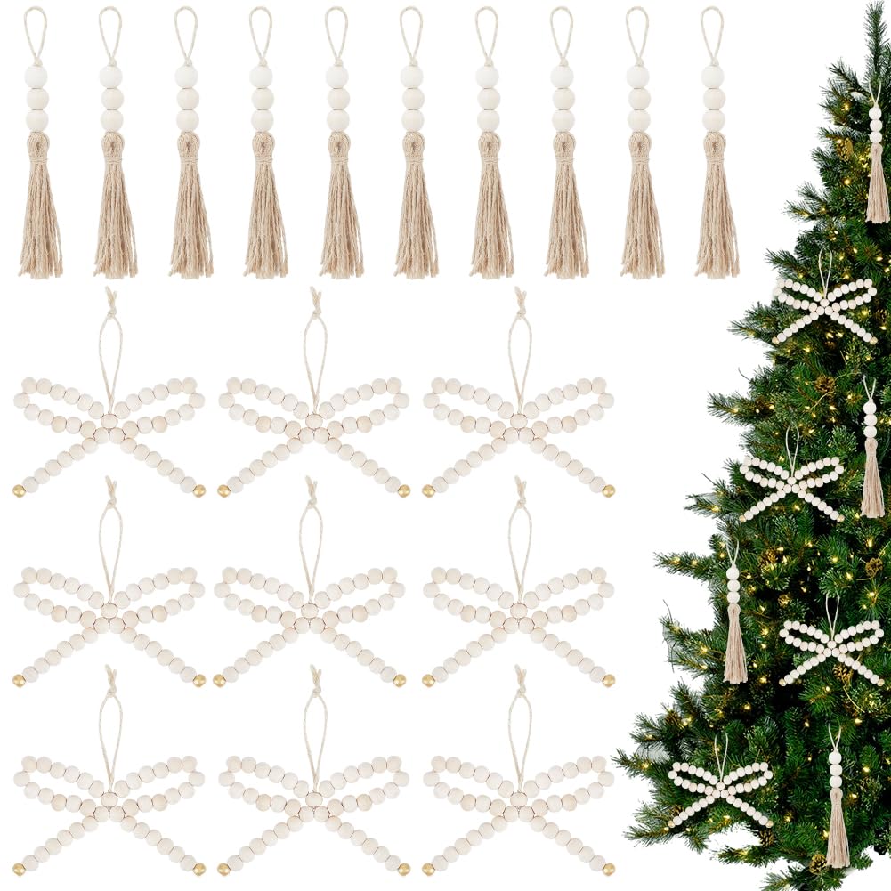 PH PandaHall 20pcs Ornements en Perles De Bois Naturel Décor Rustique De Sapin De Noël Style Ferme Décorations Suspendues pour Arbre De Noël Mur Couronne Guirlande
