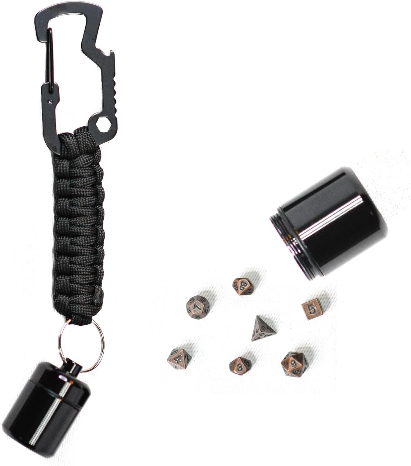 Paracord Dice Holder Keychain - With Mini 7-Dice Polyhedral Set - DND/TTRPG Accessory