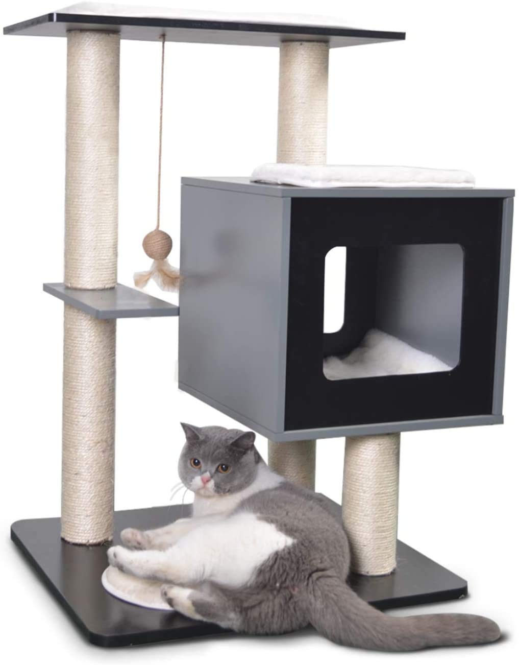 sunseen Cat Activity Tree Wooden House Condo Cat Playing Tower with Sisal Scratching Posts Cat Toys Cat Furniture for Entertainment