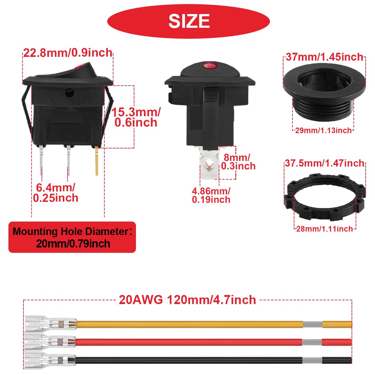 1 czerwony przełącznik kołyskowy LED DC 20A 12V/10 A 24V 3-pinowy z przewodem LED SPST Podświetlany przełącznik kołyskowy z zablokowanymi przewodami zacisków do samochodu