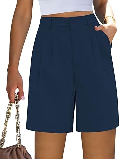 Bermuda Shorts for Women Dressy Casual High Waisted Summer Work Elastic Waist Pleated Dress Shorts with Pockets