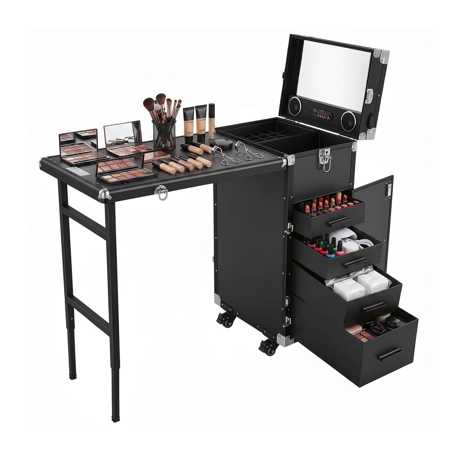 Valigetta per trucco professionale con ruote con tavolo pieghevole e 5 cassetti, custodia per trucco con specchi e altoparlanti Bluetooth, grande custodia per parrucchiere, tavolo per manicure, Nero
