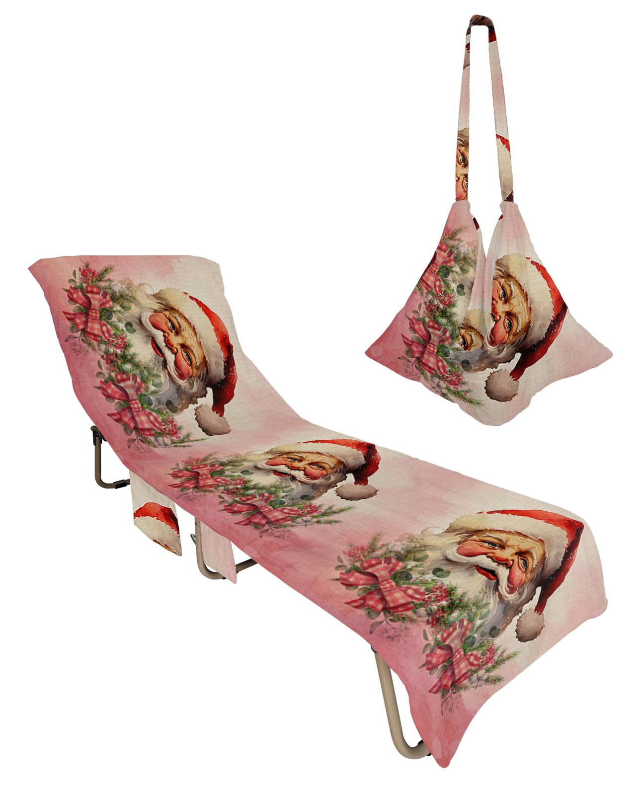 Christmas Beach Lounge Chair Towel Cover, Soft Chaise Lounge Towel with Side Pockets Patio Pool Chairs Cover for Beach/Pool Sunbathing 29x85 Pink Xmas Santa Berry Botanical Winter Snowflake