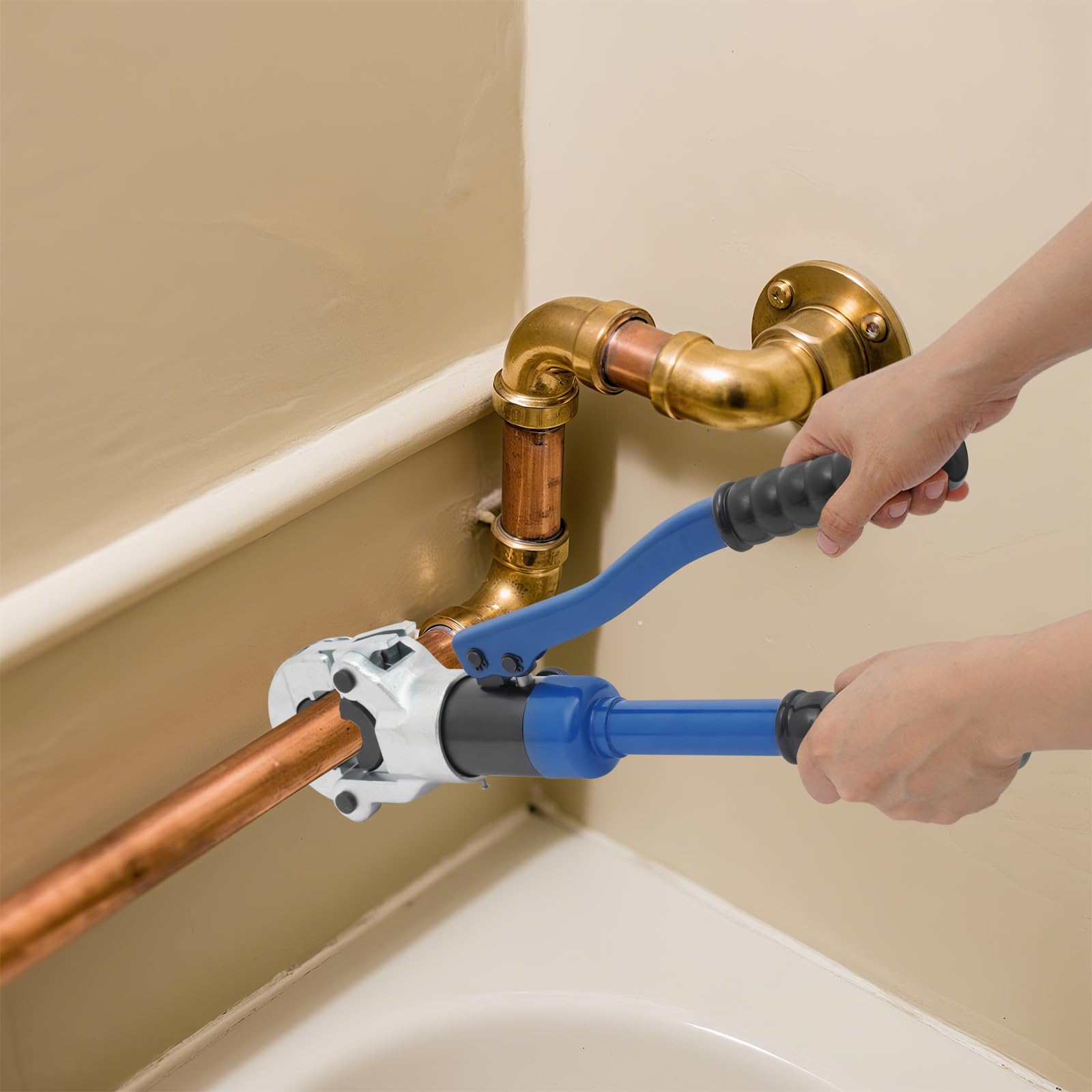 Szczypce zaciskowe hydrauliczne 80-KN z konturem V, obracana o 180°, głowica zaciskowa ze stali, z walizką, szczypce do rur miedzianych, rury kompozytowej z V12, V14, V15, V16, V18, V22, V28, wkładki