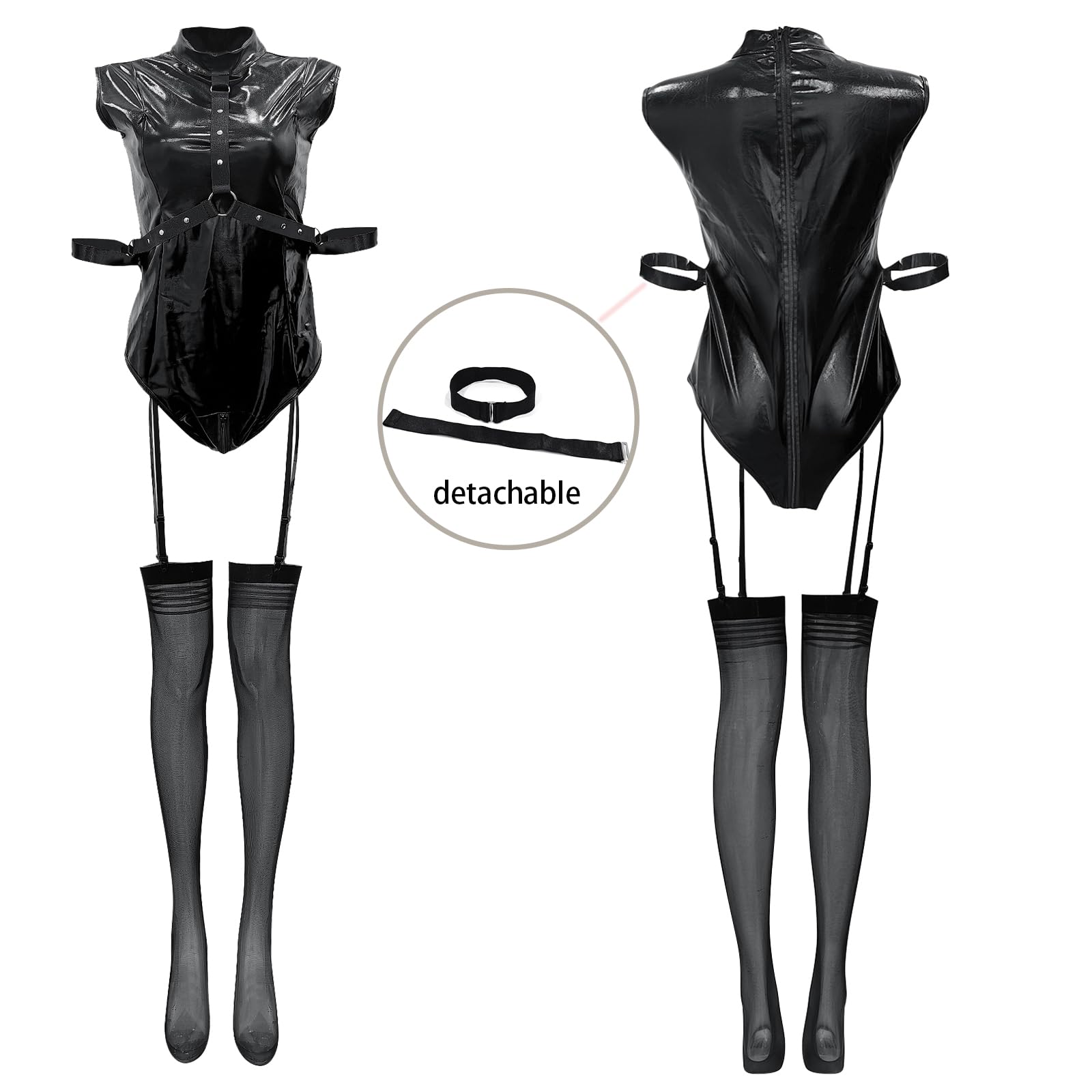 MIZSPISE Body Femme Cuir Fermeture Éclair Tenue Sexy Ensemble Porte Jarretelle Lingerie Catsuit Club Disco Party Nuit Vêtements Latex Combinaison Cosplay Carnaval Halloween avec Collant