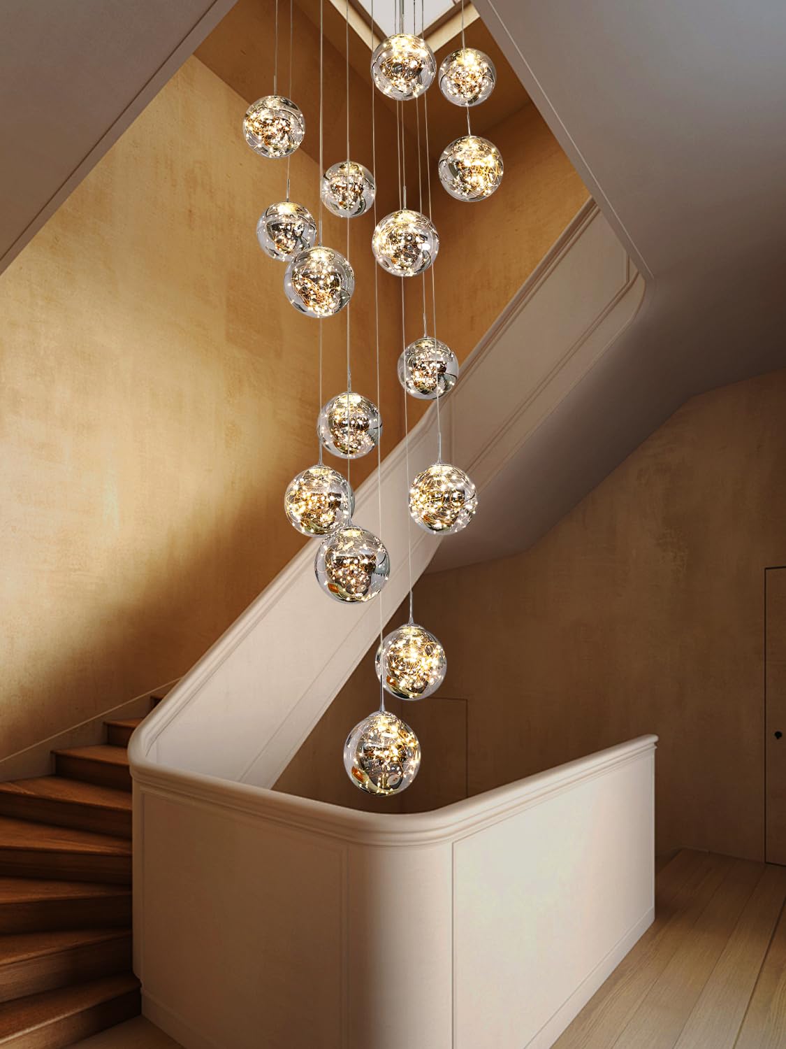 250CM Lampadario LED per Scale 15 Sfere di Vetro 80W 3000K Grigio | Treppenhaus Lampada a Sospensione Soffitto Moderne Länge Lampadari Ville Luci la Sala Cucina Soggiorno Glass ball
