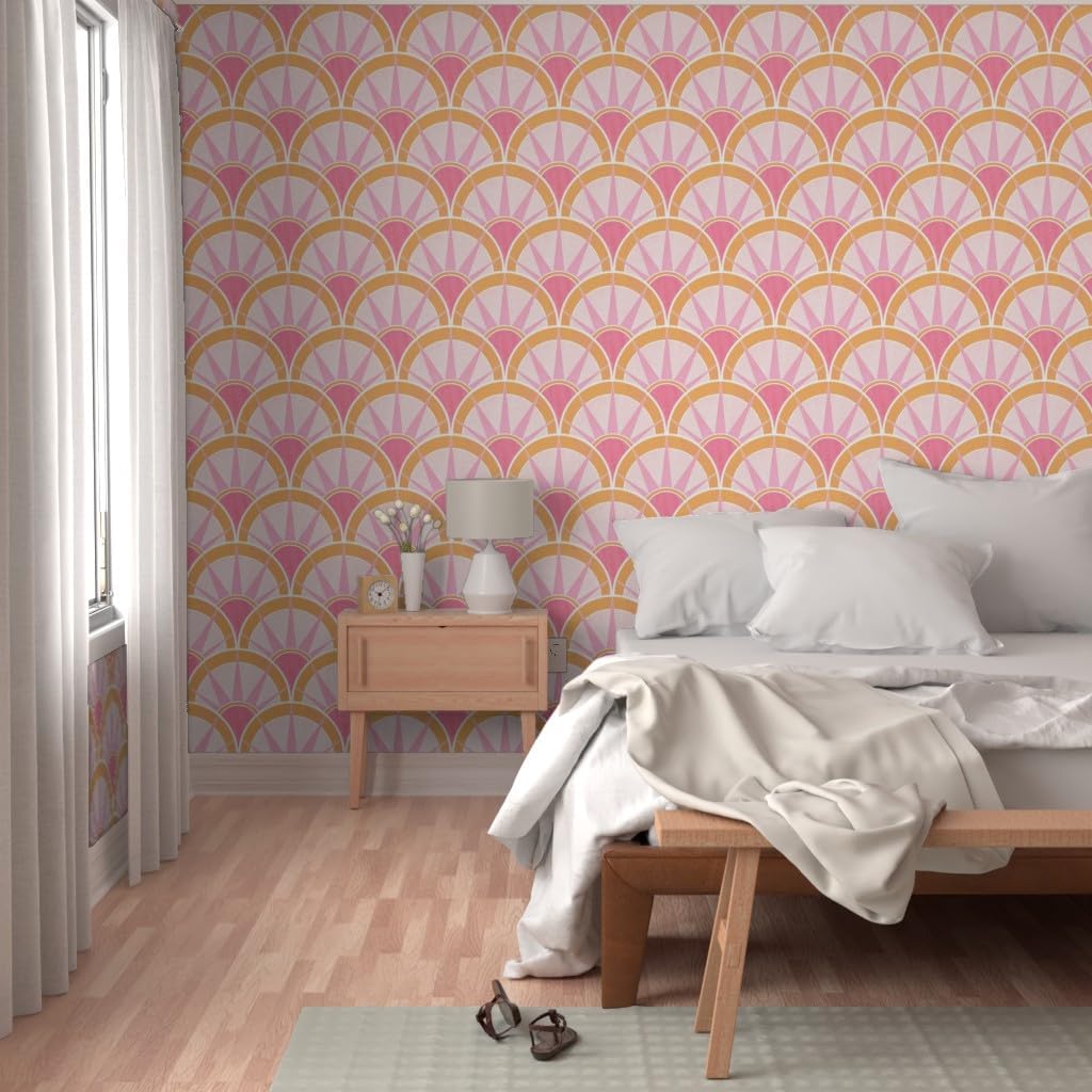 Spoonflower Removable Wallpaper 3ft x 2ft - Pink Orange Art Deco Fancy Fan Vintage Feminine Pastels Retro 1920S Custom Pre-Pasted Wallpaper