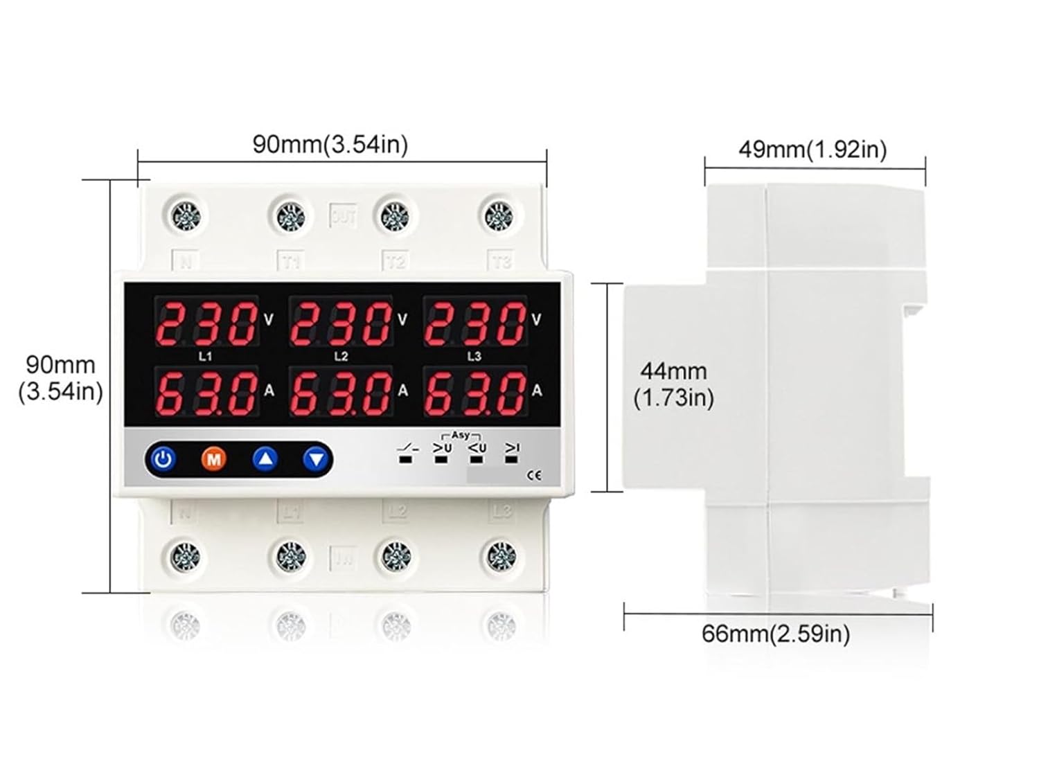 Three Phase Voltage Current Relay Protector 100A 63A 60A 220V 3P Adjustable Over Under Voltage Current Limiter(63A with N 3X230V)