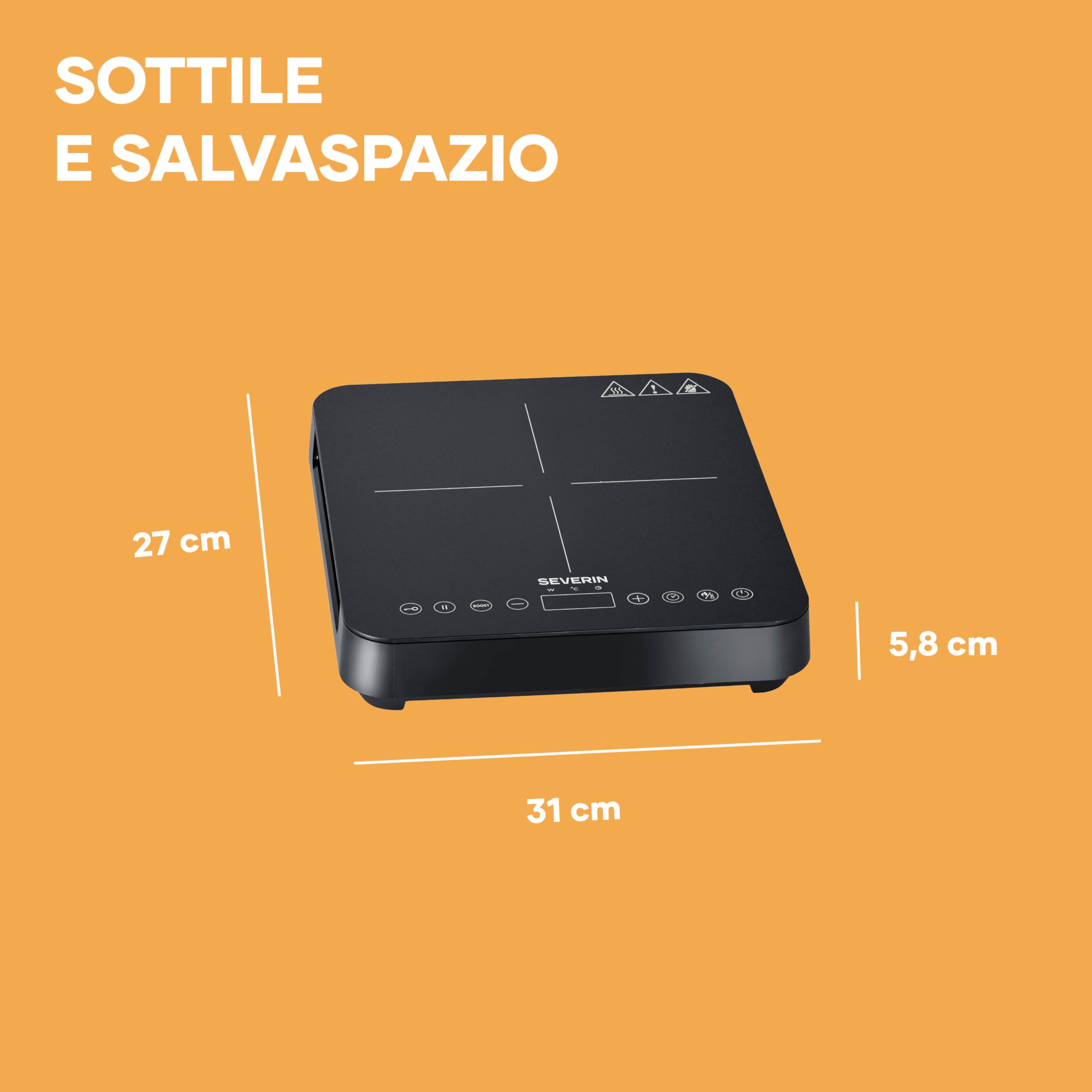 SEVERIN Piastra a Induzione Singola, Piano in Vetroceramica Antigraffio Finitura Opaca, 10 Livelli di Potenza, Touch Screen, Diametro 22 cm, Riconoscimento Pentola, 2000 W, Nero - KP 1026