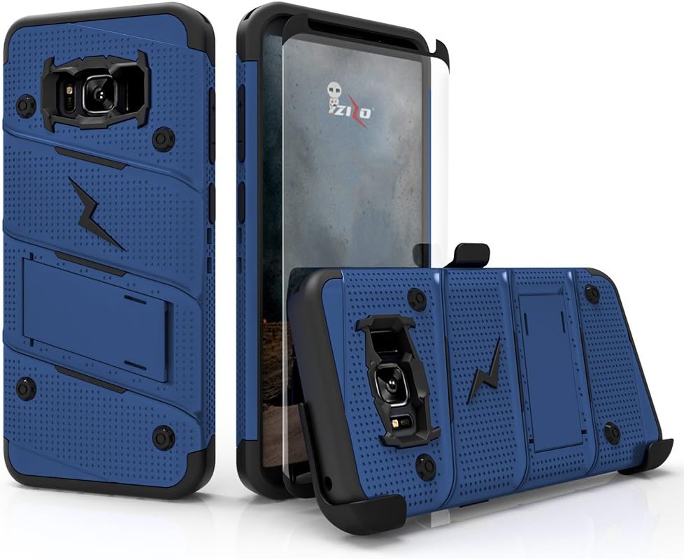 Samsung Galaxy S8 Case, Zizo [Bolt Series] w/ [Galaxy S8 Screen Protector] Kickstand [12 ft. Military Grade Drop Tested] Holster Belt Clip - Galaxy S8 Blue/Black