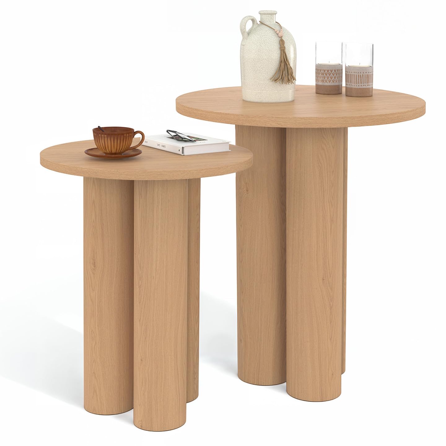 IDMarket - Lot de 2 Tables d'appoint Rondes Eloise 35/40 cm Bois Clair