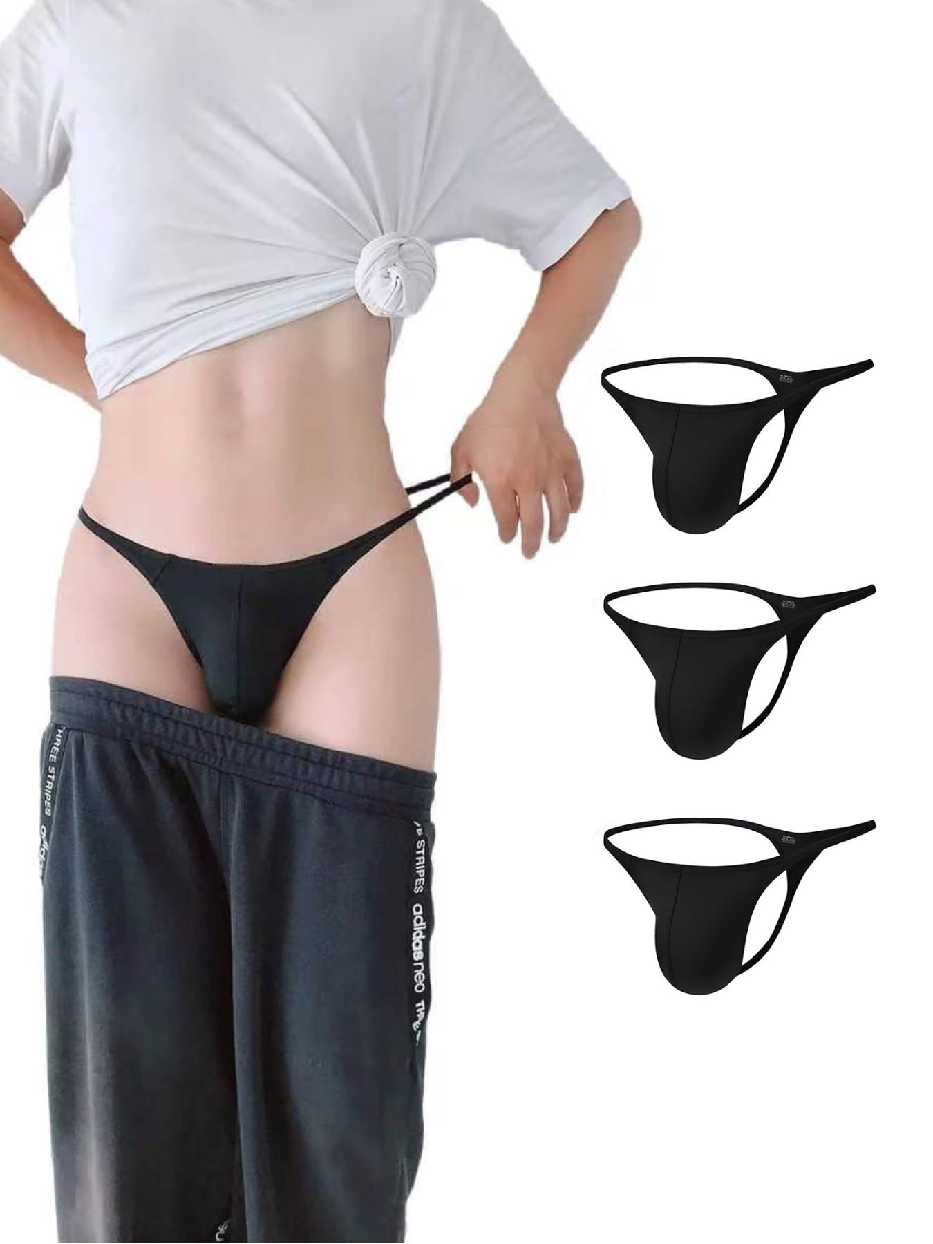 String en Nylon pour Homme - Dos en T sans Couture - Slip Sexy Taille Basse - G-String Bulge Pouch sous-vêtements Noir/Noir