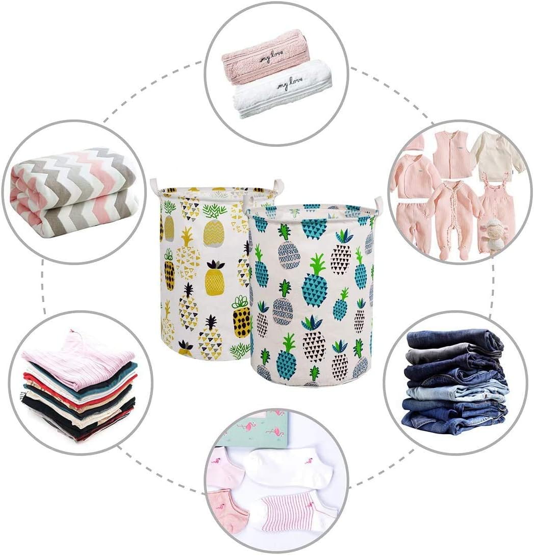 LessMo 2Pcs 17.7" Laundry Hamper, Collapsible Laundry Basket with Easy Carry Handles, Waterproof Round Cotton Linen, for Baby, Toys, Nursery, Bedroom Storage Hamper