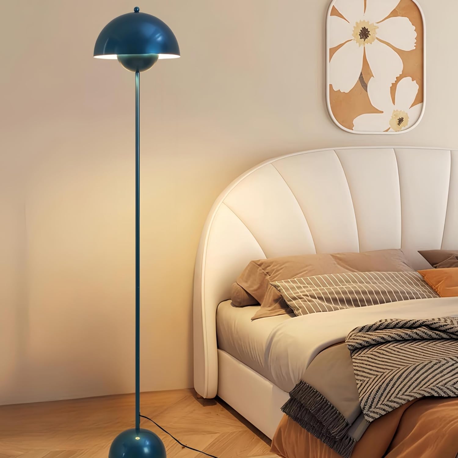 Alpinaluz Lampada da Terra in Metallo con Paralume Bombato – Design Retro Nordico – Luce Indiretta Verso il Basso – E27 – Interruttore a Pedale – Per Salotto e Interni (Blu Marino)
