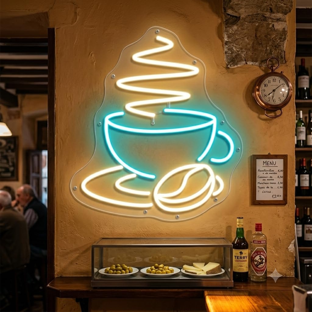Letrero café cafetería Cartel Luminoso LED Escaparate, Decoración de Pared en Metacrilato, Luz Brillante, aproximadamente 60cm alimentación 12v