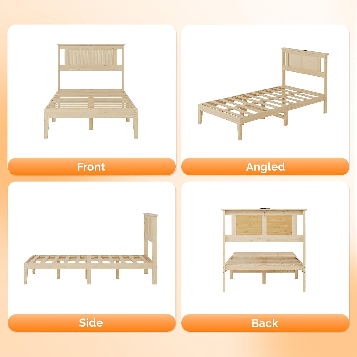 VINGLI Rattan Twin Bed Frame with Headboard,Boho Bed Frame with Underbed Storage and Charging Ports for Bedroom,Solid Wooden Slats Support,Noise-Free,Natural