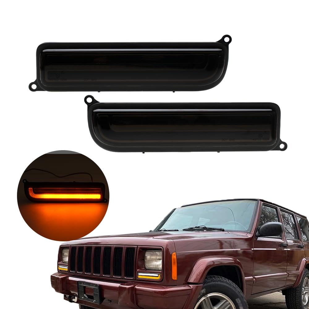 LED Luces de señalización de esquina delantera para Je.ep Cherokee XJ 1997-2001 Intermitente secuencial ámbar switchback, luz diurna dinámica DRL, lente transparente, reemplazo OEM impermeable
