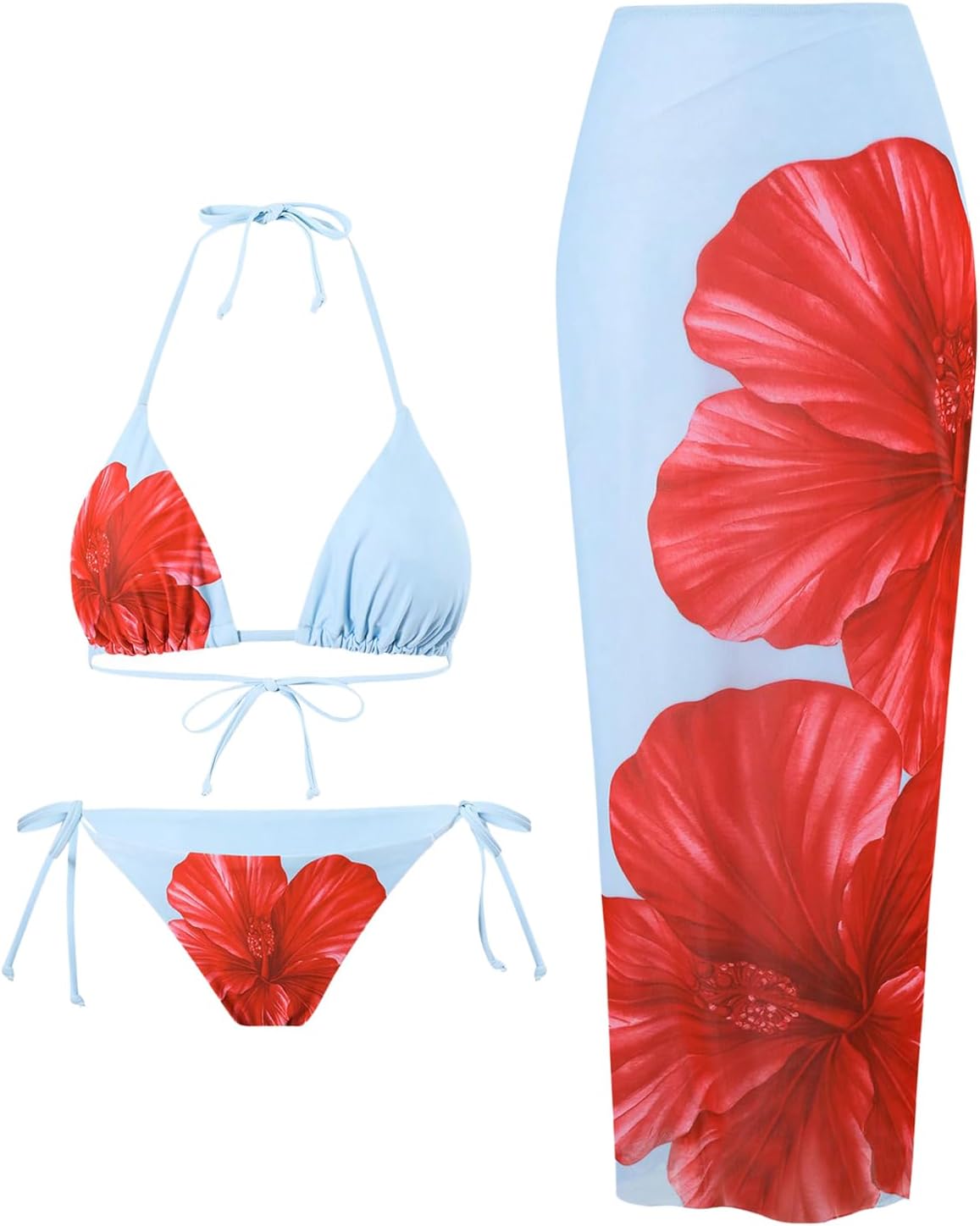 WDIRARA Women's Bikini Sets Floral Print Triangle Halter Tie Back Swimsuit with Cover Up Skirt