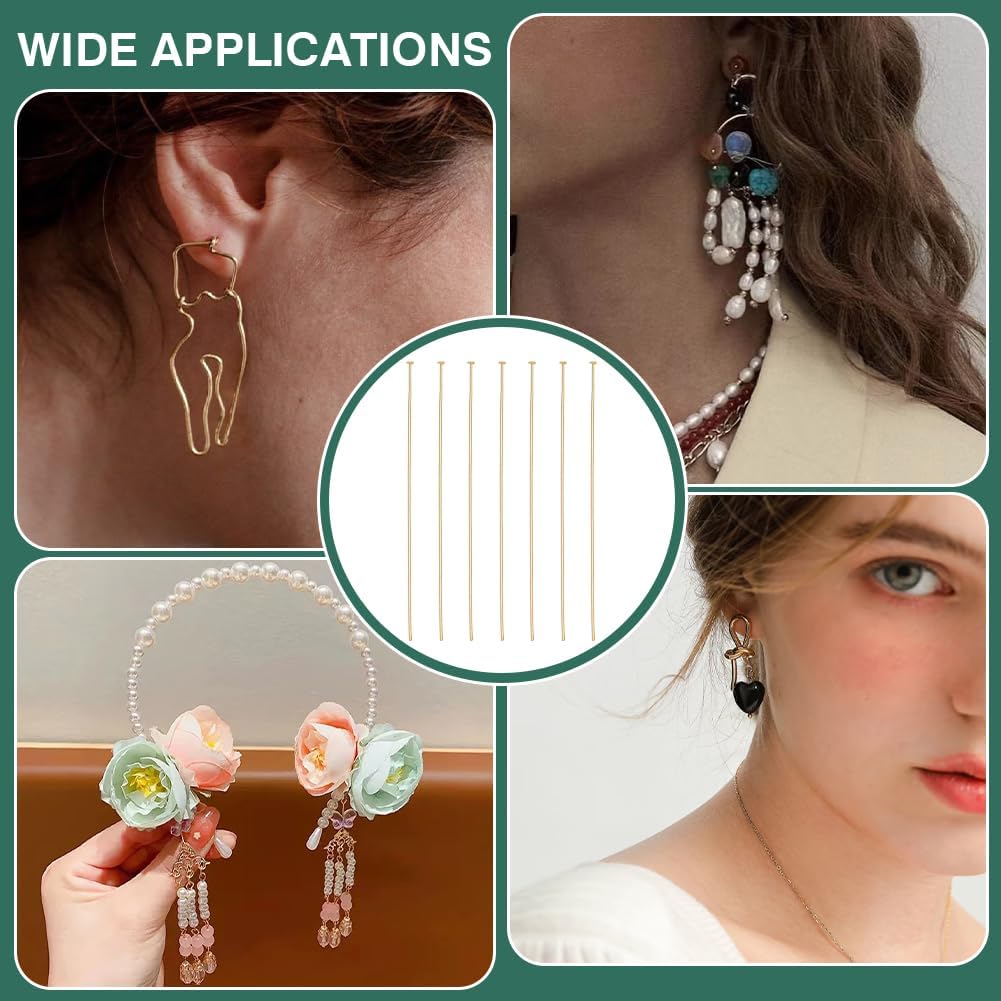 300Pcs 18K Gold Plated Flat Head Pins 2Inch 304 Stainless Steel Straight Head Pins Findings Jewelry Making Pin Metal End Headpins for Craft Earring Bracelet Necklace Pendant Supplies