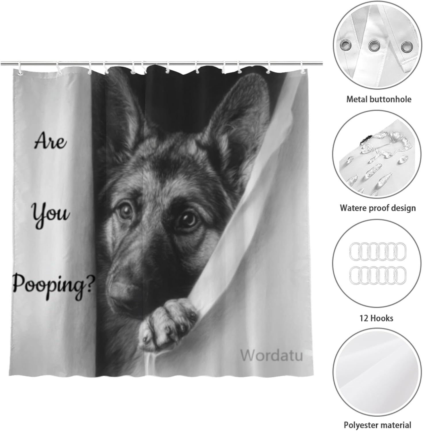 German Shepherd Shower Curtain Funny are You Pooping Black and White Bath Curtain Bathroom Decor Animal Toilet Resistant Fabric with 12 Hooks 72x72