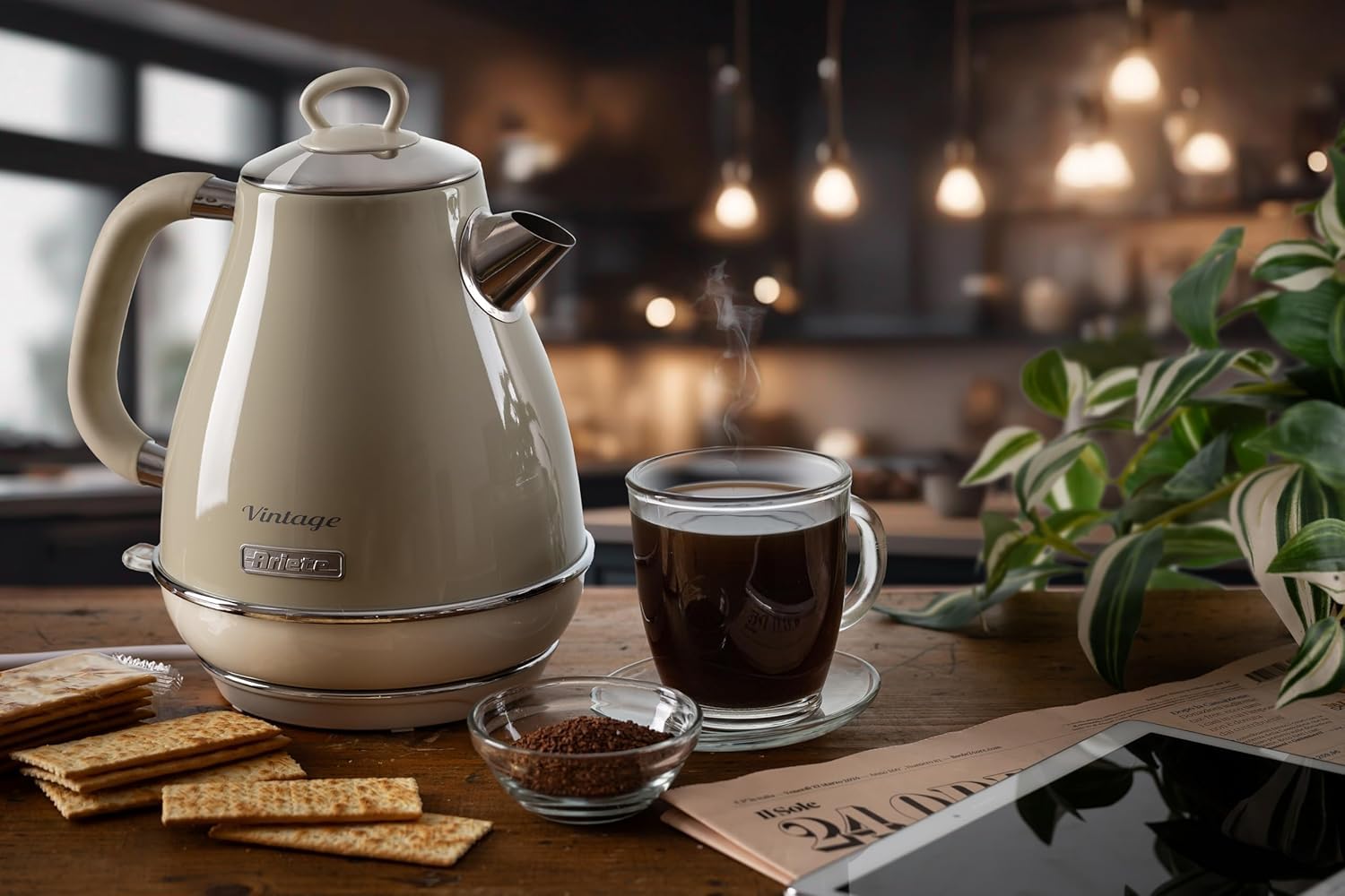 Ariete Bouilloire Vintage 2869, Bouilloire Électrique avec Niveau D'Eau Visible, Base Sans Fil 360°, Arrêt Automatique, Filtre à Thé, Capacité 1,7 L, Acier Inoxydable, 2000W, Beige