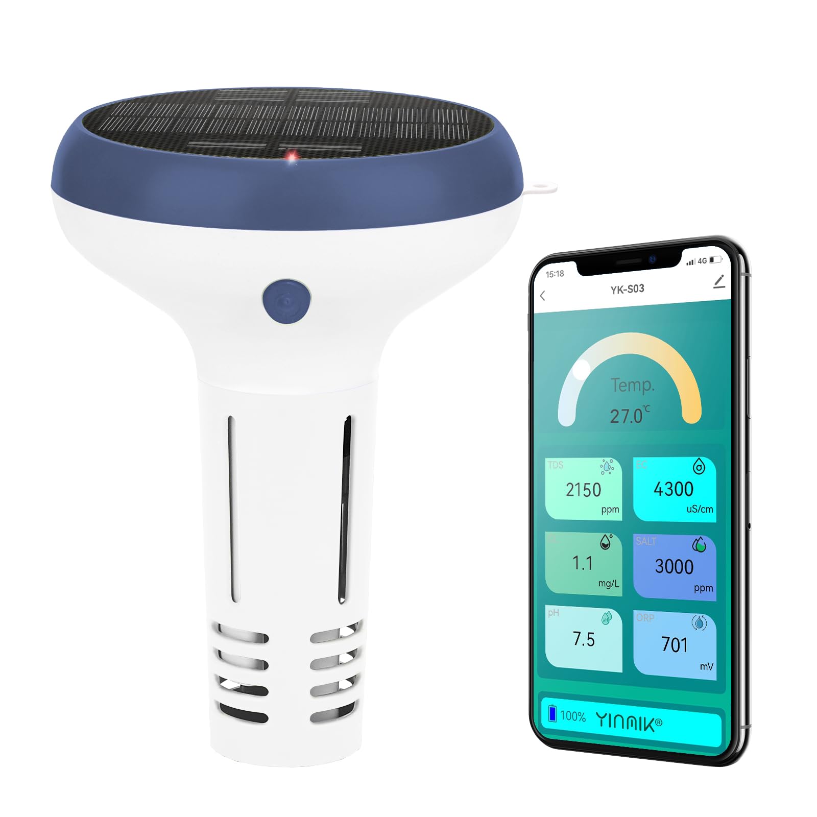 Medidor Cloro y pH Piscinas WiFi, Analizador Inteligente 7 en 1 Agua Piscina Salina, Mide pH, Cloro Residual, Sal, ORP, EC TDS, Temp con Carga Solar