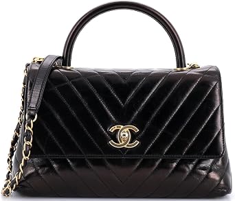 Pre-Loved Coco Top Handle Bag Chevron Calfskin Small, Brown