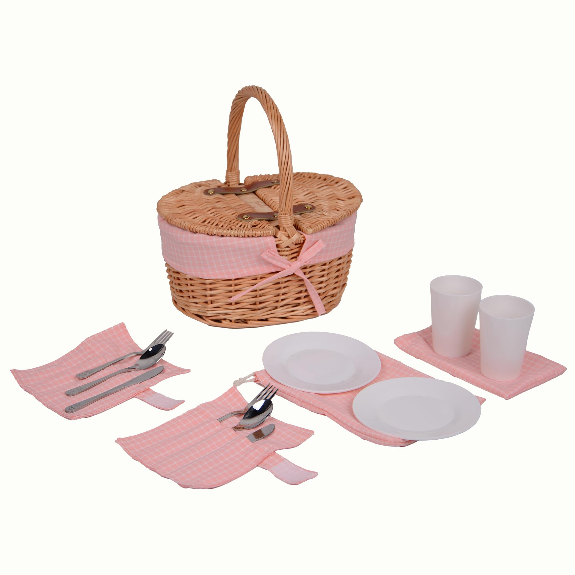 UNUS Panier de pique-nique ovale pour enfant en osier avec revêtement en tissu - Kit complet pour 2 personnes avec couverts, assiettes et gobelets, panier en osier portable pour pique-nique et