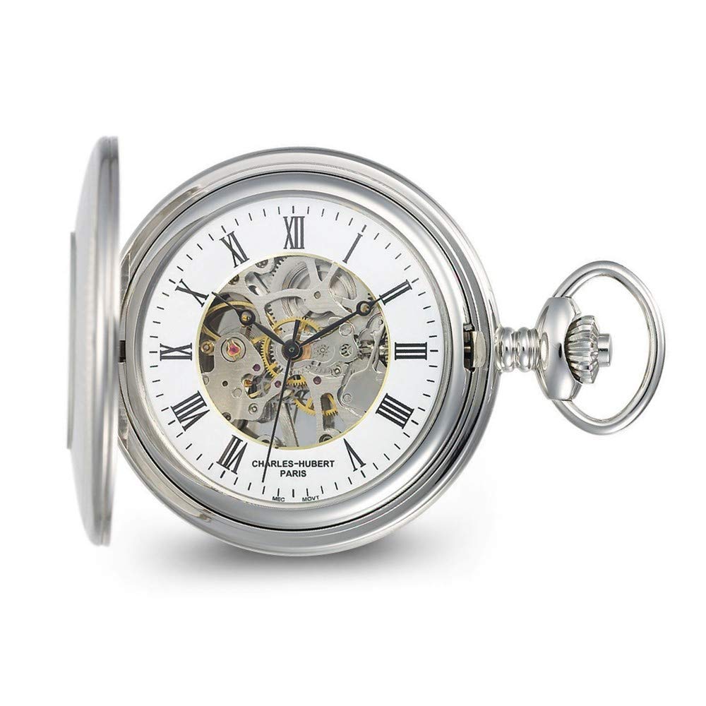 Sonia Jewels Charles Hubert Stainless Hunter Case Shield Skeleton Pocket Watch 14.5