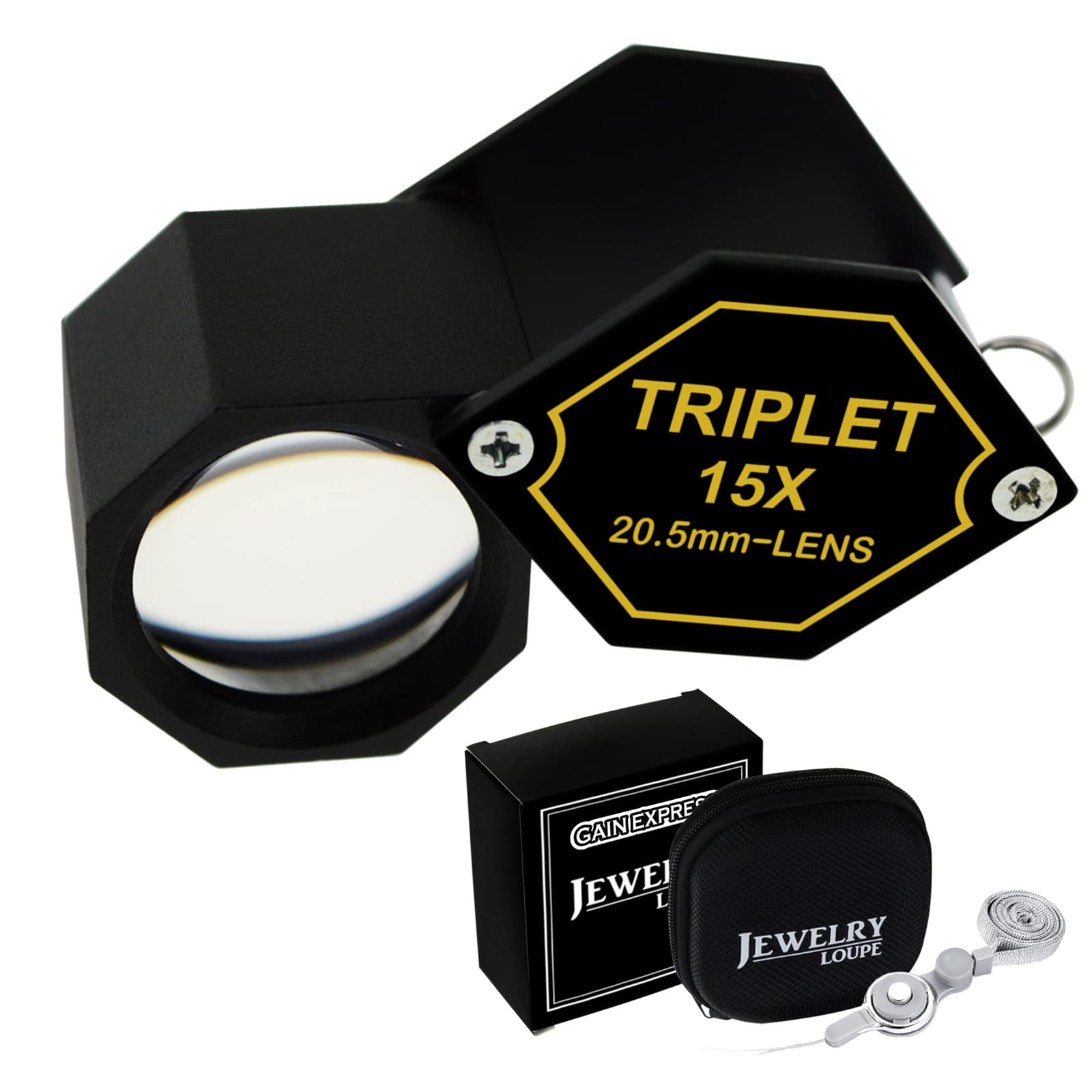 GAIN EXPRESS 15x Jewelry Loupe Magnifier 20.5mm Triplet Lens Achromatic Optical Glass Magnifying Tool Metal (Aluminum) Body Hexagonal Design Kit Set Magnification Loupe Black Frame