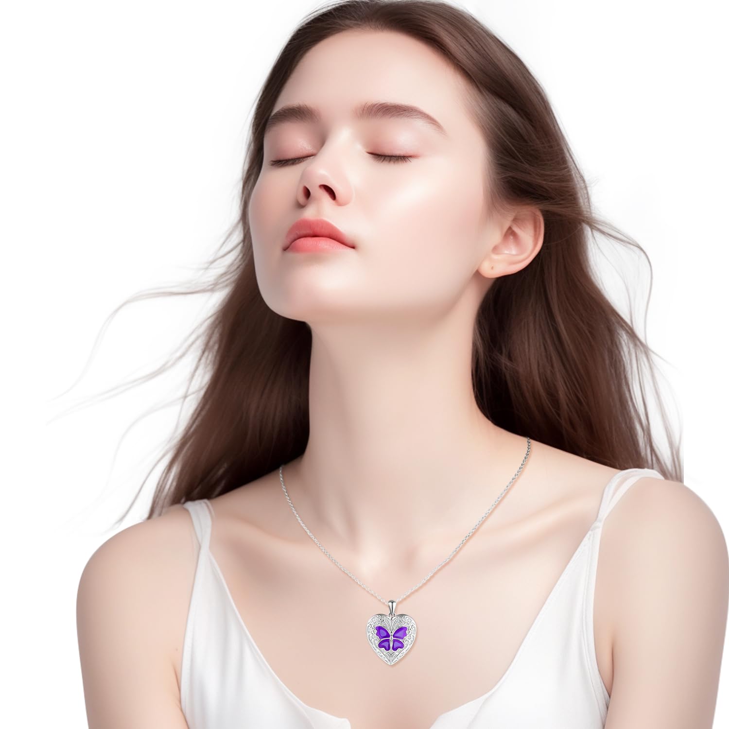 Herz Foto Kette Silber 925 mit Bild: Halskette Damen Schmetterling Medaillon zum Öffnen für Bilder-Tiere Anhänger Ketten Mode Amulett Schmuck-Personalisierte Geschenk für Frauen Mama Freundin Mädchen