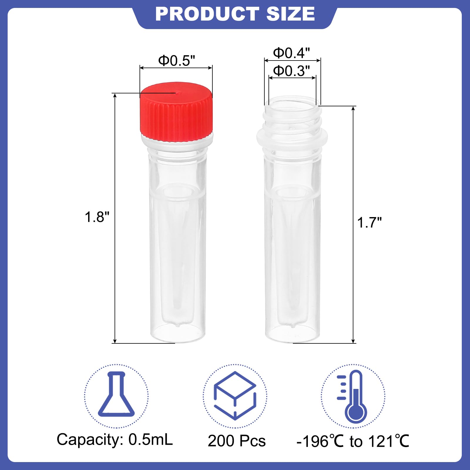 PATIKIL Provetta Criogenica Plastica da 0,5 ml, Fiala Criogenica Autoportante da 200pz, Provetta Congelata Vite, Laboratorio Scientifico, Tappo Rosso