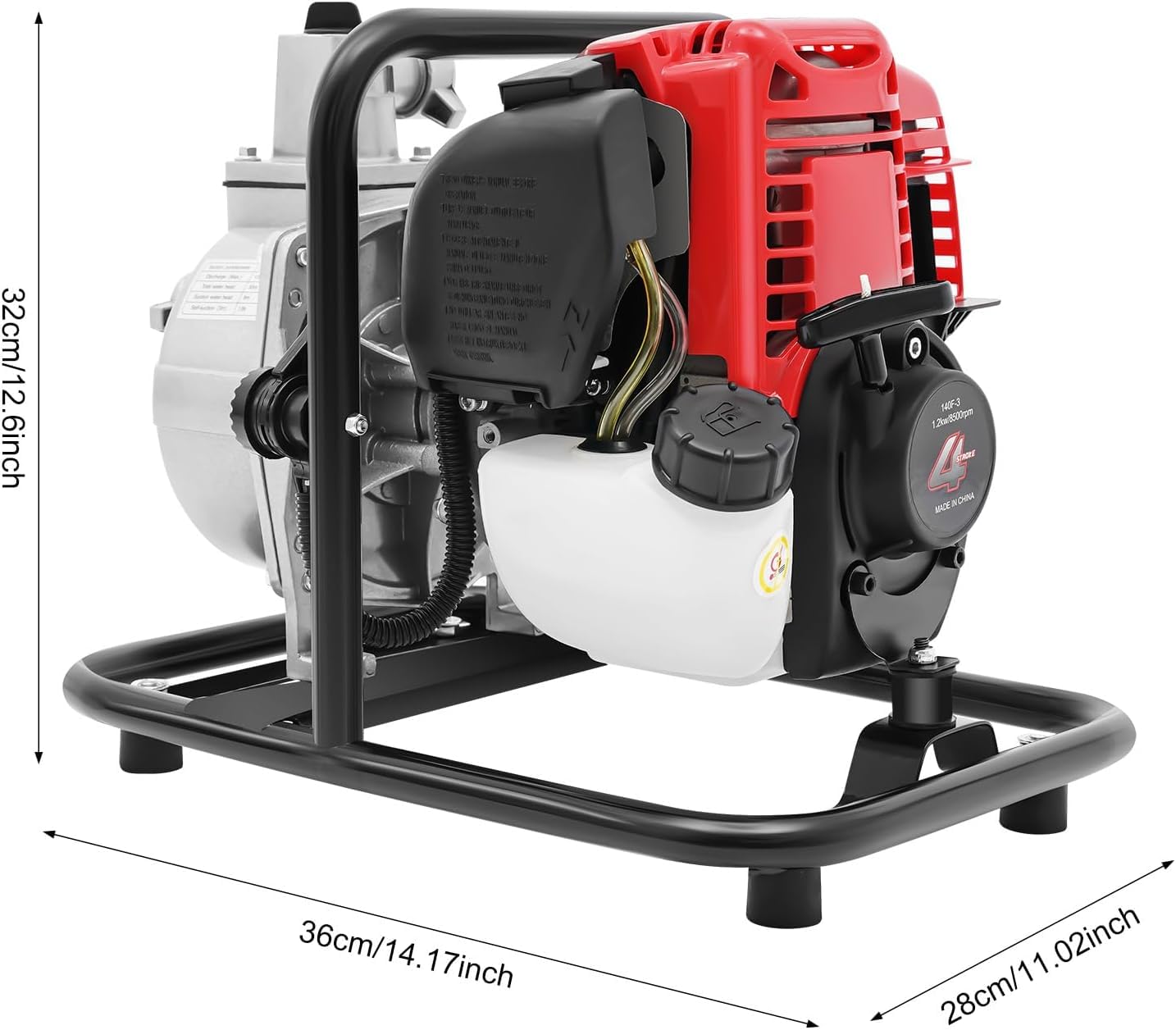 Bomba de agua de gasolina de 4 tiempos, 38 cc, 1,2 kW, autocebante, conexión de 1 pulgada, máx. 135 l/min y 30 m de altura de extracción, bomba de agua sucia portátil para riego estanque y
