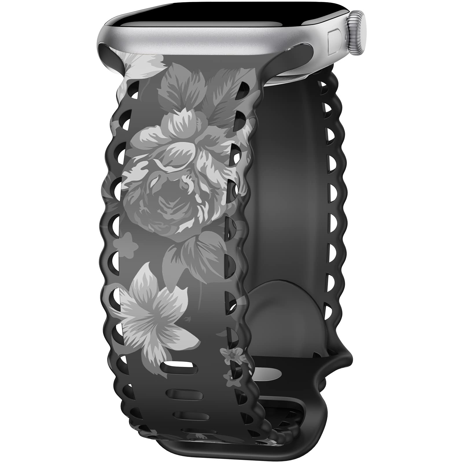 Compatible with Apple Watch Band 41mm 40mm 38mm 49mm 45mm 44mm 42mm Women, Rose Lily Print Lace Hollow-out Soft Silicone Sport Bands For iWatch Ultra SE Series 10 9 8 7 6 5 4 3 2, RosLiG-42
