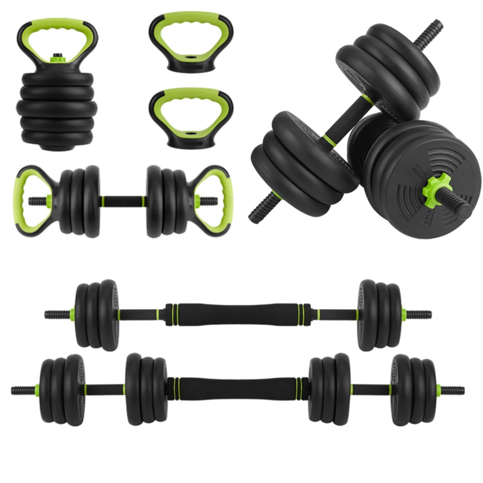 Garvee Juego de mancuernas ajustables 6 en 1, barra recta/rizada, pesas rusas y soporte de flexión, 2.5 libras, 3.5 libras, 4.4 libras, 5 libras (total 66 libras), opciones para gimnasio en casa