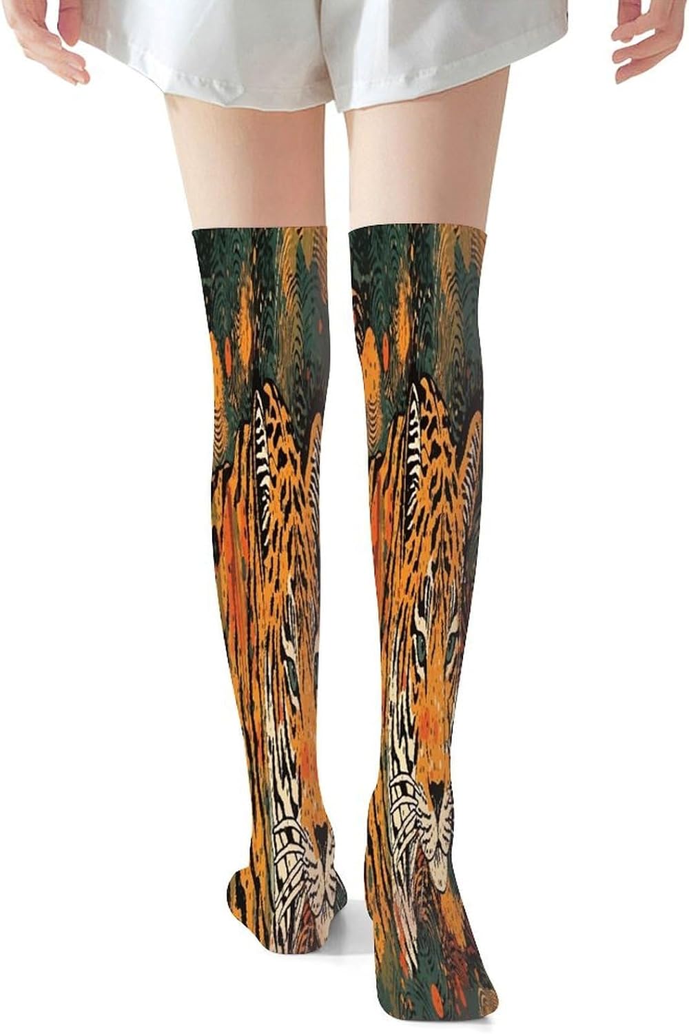 Tiger Botanical Print Women High Waist Fishnet Stockings Stretch Mesh Pantyhose Sexy Trendy Legwear for Daily Wear