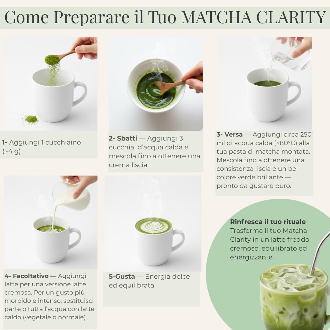 Matcha Clarity – Tè Matcha Cerimoniale con Funghi Adattogeni – Lion’s Mane, Reishi & Maitake – Energia Naturale & Concentrazione – Vegano, Senza Zuccheri Aggiunti – 25 Tazze (100 g)