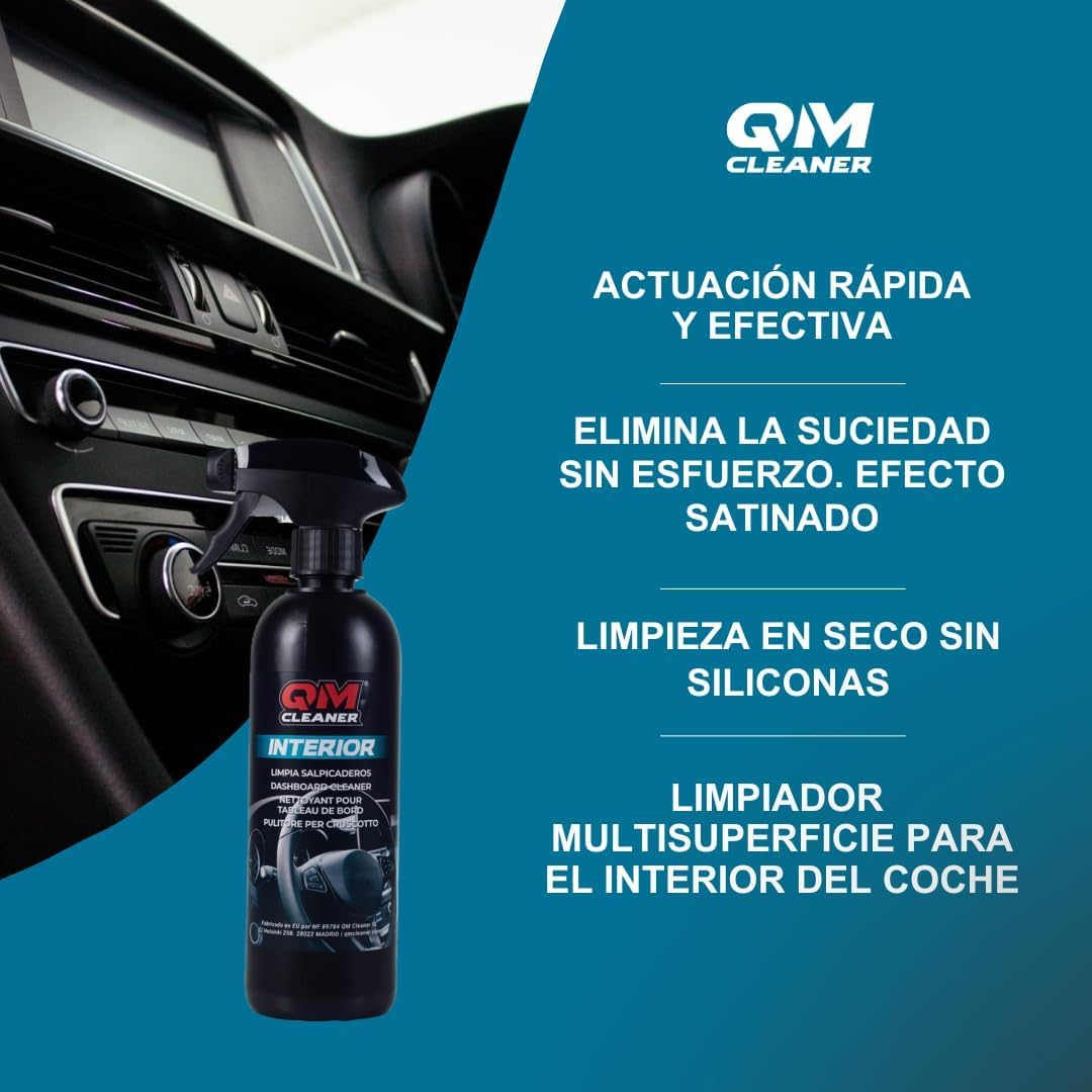 QM Cleaner Kit Limpieza Interior Vehiculo Limpia Salpicadero, Plastico, Cristales y Pantalla, efecto satinado | Incluye Limpia salpicaderos(500ml), Limpia Cristales/Pantallas(500ml) y 2 paños extra