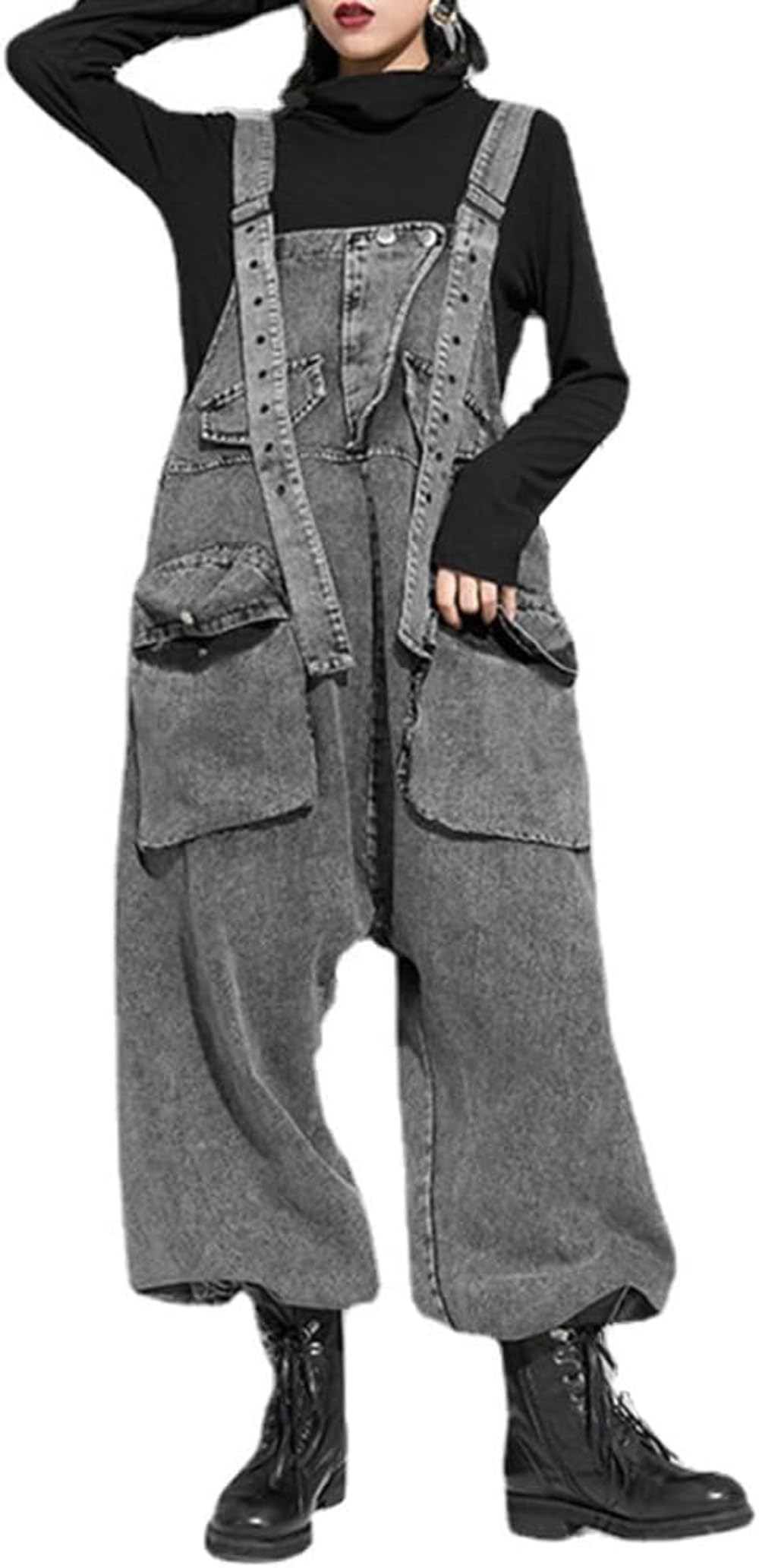 Mono vaquero holgado con tirantes ajustables y pernera ancha con bolsillos para mujer mono informal vintage con tirantes ajustables y pechera elástica